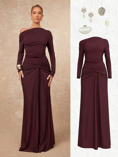 Lumalex Women's Elegant Commuter Romantic Burgundy Asymmetric Neck Ruffle Design Long Sleeve Slim Fit T-Shirt Women's Elegant Romantic Ruffle Design Long Sleeve Slim Fit Skirt