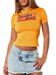 SUMWON WOMEN 印花短袖圆领婴儿T恤修身露脐上衣夏季休闲款 - 黃色 - 查看 4