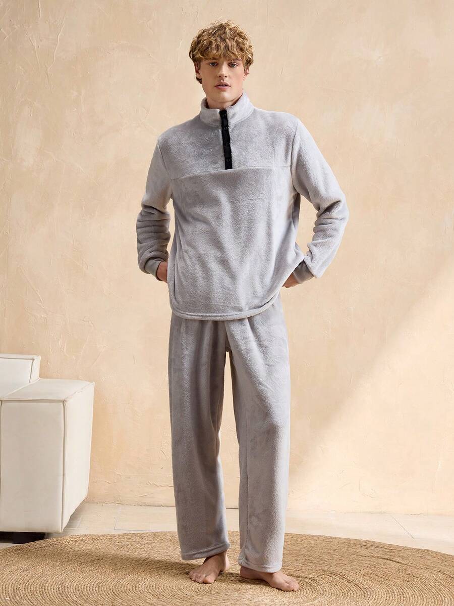 Manfinity Underwear&Sleepwear Basics Plus Size Men's Pajama Set, Stand Collar Button, Flannel, Elastic Waist, No Pockets - Grey - View 1