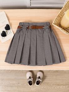 SHEIN 少女复古格子百褶裙，配腰带，格子裙，学生制服裙，棕色格子裙，秋冬款