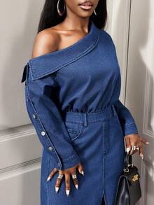 BamGleam Women's Asymmetrical Shoulder Long Sleeve Denim Dress With Side Slit - Dark Wash - View 7