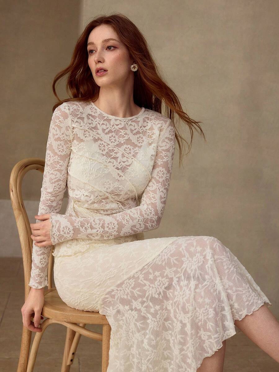 MOTF PREMIUM LACE SHEER LONG SLEEVE T-SHIRT - Beige - View 1