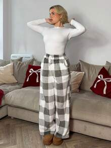 Bethéva Women's Fall/Winter Streetwear Going Out Vintage Back To School Casual Front Tie Plaid Pocket Trousers With Fleece - Multicolor - View 4