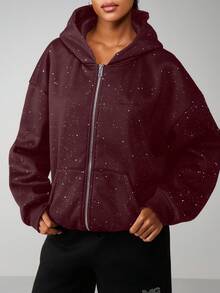 MISSGUIDED 闪亮装饰连帽拉链宽松休闲卫衣，适合秋冬季居家穿着 - 酒紅色 - 查看 5
