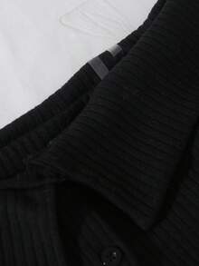 SUMWON Ribbed Off Shoulder Long Sleeve Button Front Cardigan Top With Lettuce Edge Details And Fitted Silhouette For Layering Vacation - Black - View 3