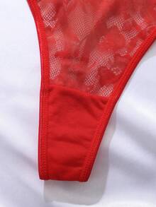 SHEIN 2pcs Women Lace Patchwork Sexy Lingerie Set - Red - View 3