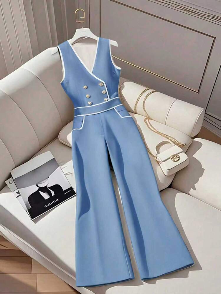 GlowEve Women's Casual V-Neck Sleeveless Wide Leg Jumpsuit With Double Breasted Button - Blue - View 6