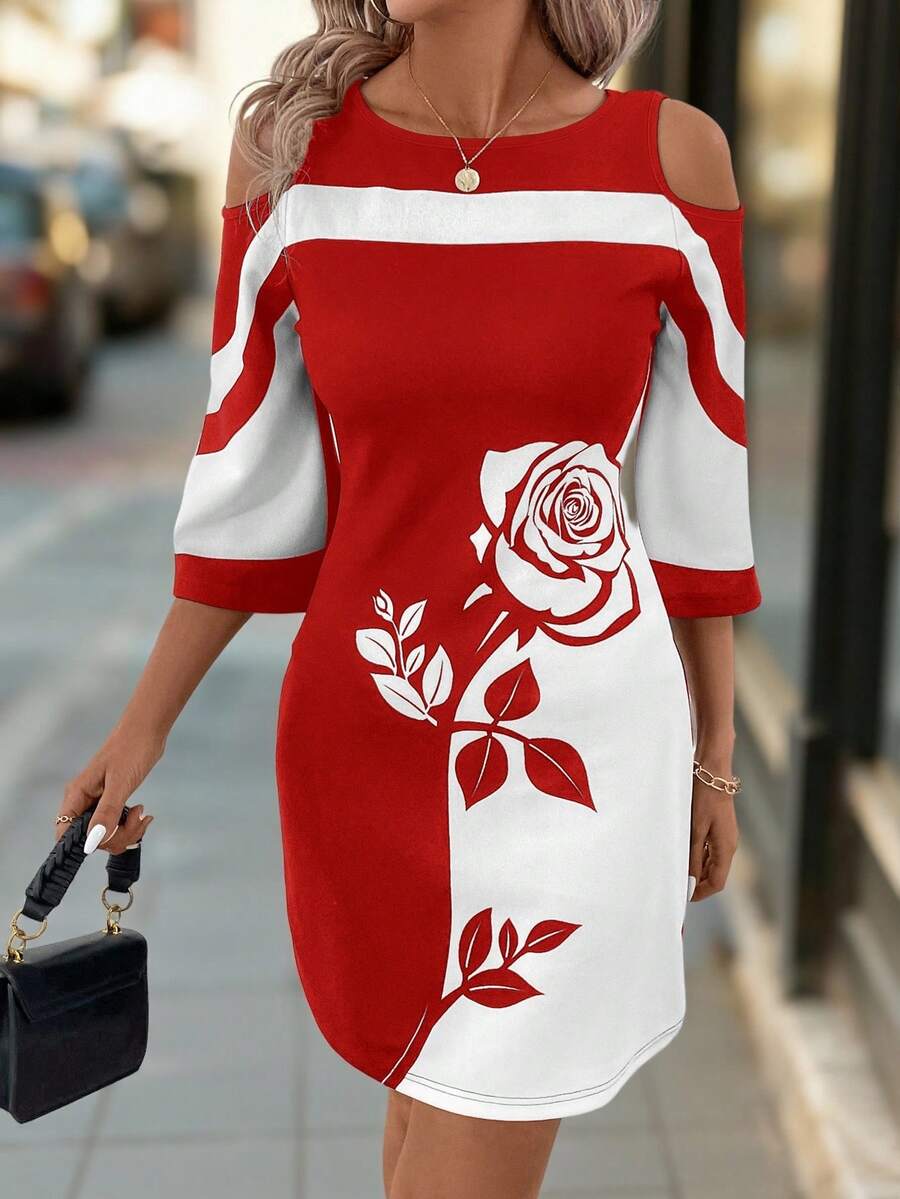 Editum Women's  Contrast Rose Floral Pattern Boat Neck Asymmetric Shoulder Elegant Dresselegantcasualgraphicred Dress Women