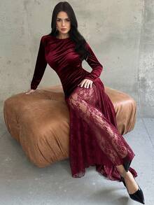 Firerie 女士黑色丝绒蕾丝拼接褶裥长袖修身连衣裙，蕾丝拼接连衣裙，优雅通勤连衣裙，复古哥特风连衣裙，春/秋/冬装，优雅，通勤，约会，派对，婚礼，毕业典礼，演出，音乐会，工作，年会，女士生日连衣裙 - 酒紅色 - 查看 8