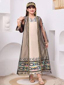 Tween Girl Beige Autumn Family Matching Jacquard Striped Ribbon Splice Mesh Jacket And Loose Fit Retro Print Maxi Dress Set,Arabic Abaya Dress Girls - Beige - View 4