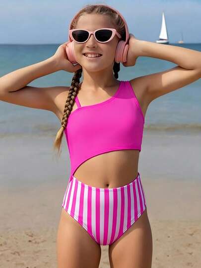 SHEIN Traje de baño de una pieza con cuello asimétrico y diseño de recorte en la cintura, outfit de playa morado para niñas