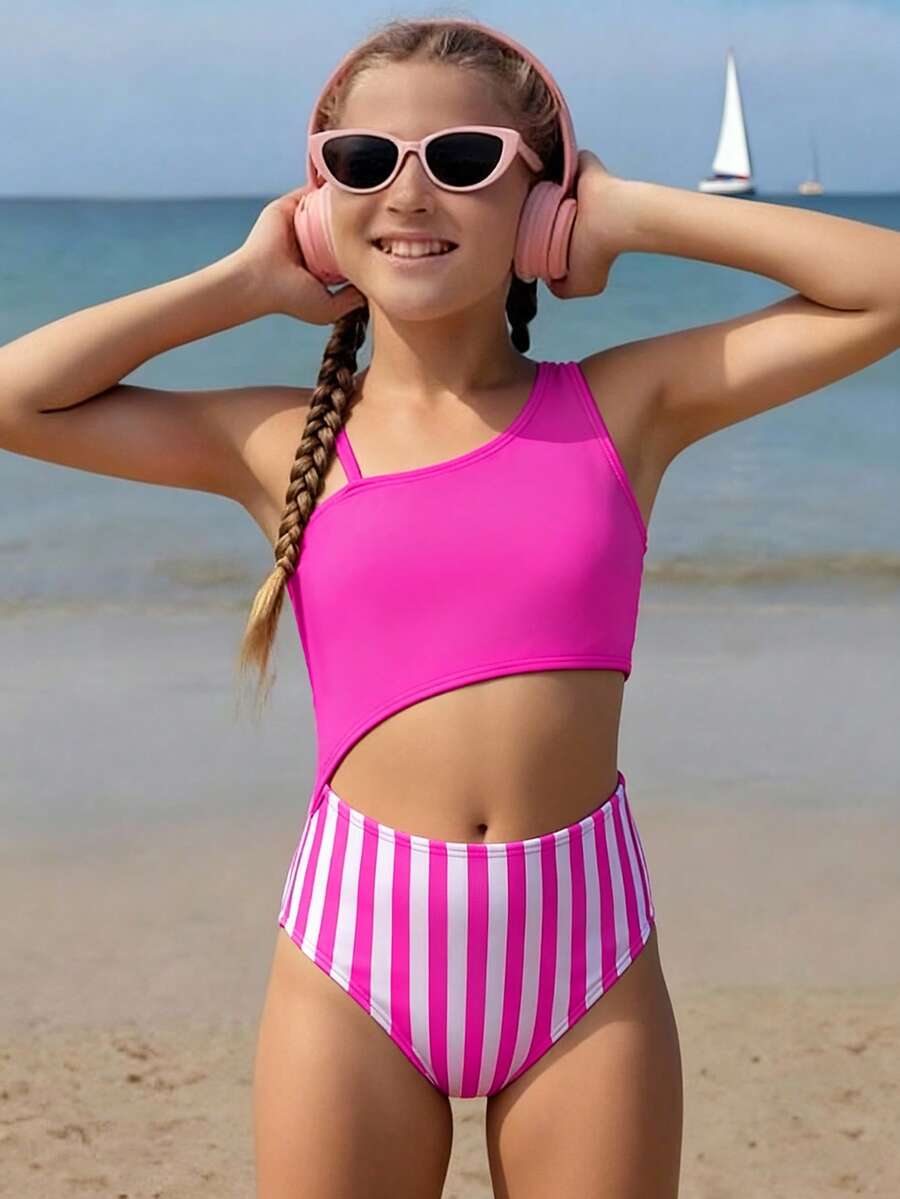SHEIN 女童撞色不对称领口连体泳衣，腰部镂空设计，紫色沙滩装
