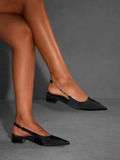 CUCCOO SZL Women's Elegant Versatile Pointed Toe Flats With Black Crystal Chain, Low Chunky Heel, Comfortable Slingback Loafers For Christmas