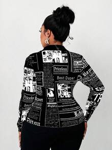 SHEIN Tall CURVE Plus Size Women's Fashionable Slogan Print Shirt, Autumn - Black and White - View 2