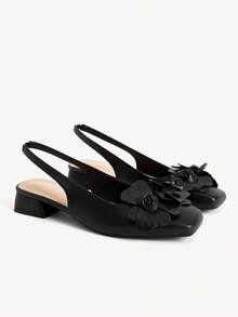 CUCCOO CHICEST 女士时尚百搭粗跟鞋，饰有3D立体花卉图案 - 黑色 - 查看 2