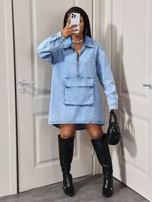 Slaydiva Fashionable Casual Zip-Up Half-Placket Long Sleeve Denim Dress For Women