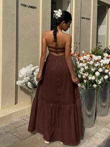 MainGRL 波西米亚风白色连衣裙，无肩带，适合春夏度假 - 棕色 - 查看 6