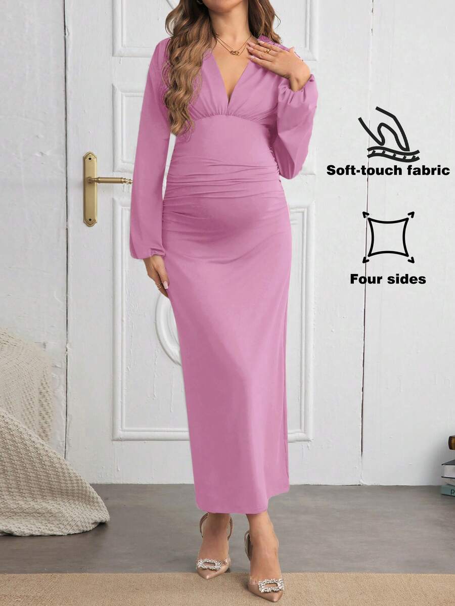 SHEIN 孕妇婴儿派对女士连衣裙，带袖纯色V领褶皱连衣裙 - 粉色 - 查看 1