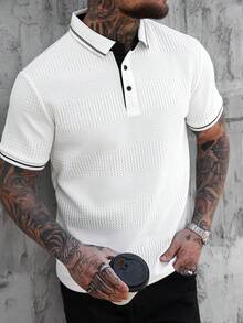 Manfinity Homme Camisa polo casual de manga corta con rayas para hombre - Blanco - Ver 6