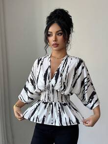 SHEIN Elenzya 女士优雅休闲时尚收腰深褶印花短袖衬衫上衣，适合派对、约会、通勤、办公室、毕业季、返校季、情人节、感恩节、开学季、日常穿着、春夏、花卉印花衬衫、商务衬衫、宽松休闲蝙蝠袖衬衫 - 彩色 - 查看 6