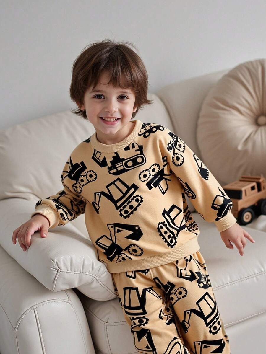 Playful Pals 男童秋季动物印花长袖卫衣和裤子套装 - 卡其色 - 查看 1