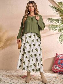 Rusticease Ensemble 2 pièces grande taille pour femmes, chemise verte et jupe à imprimé floral. Tenue décontractée pour les vacances en automne/hiver - Vert - Voir 4