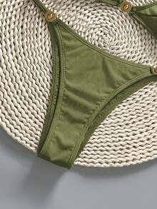 Swim Chiccia Women's Elegant & Sexy Solid Color Ribbed Metal Decor Swimsuit Set, Spring/Summer - Green - View 7