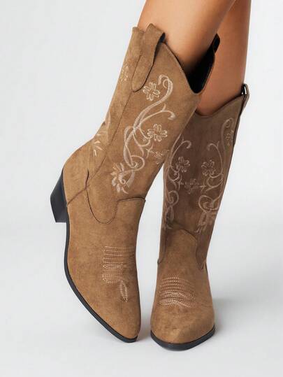 Goth Women's Cowboy Boots, Fashion Pointed Toe Embroidered Thick Heel Suede Western Boots, Spring/Autumn