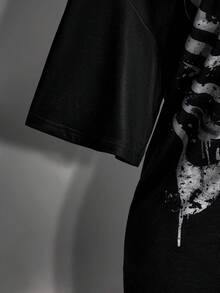 SHEIN ICON 女士加大码圆领短袖创意时尚骷髅图案T恤 - 黑色 - 查看 8