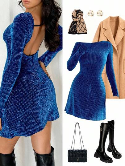 Islaluna Women's Metallic Texture Backless Sexy Christmas Party Clubwear Long Sleeve Dress