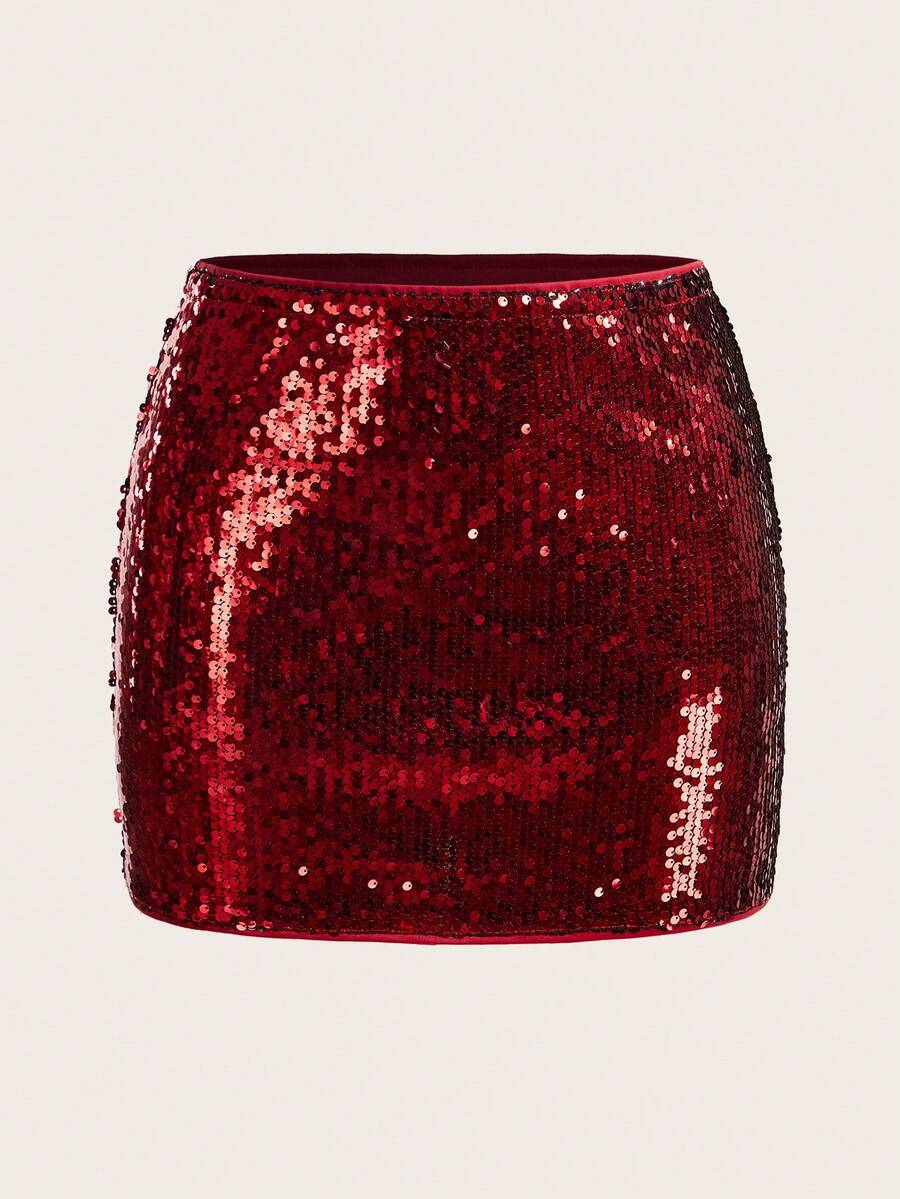 SHEIN ICON 女士性感派对亮片紧身迷你裙 - 酒紅色 - 查看 1