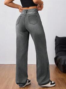 SHEIN Tall 女士高腰男友风牛仔裤，水洗浅蓝色Y2K风格牛仔裤 - 深灰色 - 查看 2