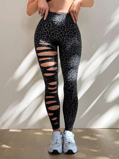 Slayform 1 Quần legging tập luyện rách không đối xứng họa tiết da báo gợi cảm liền mạch dành cho nữ dùng để chạy bộ, tập thể dục, tập yoga