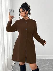 SHEIN Tall CURVE Áo khoác đi làm thời trang cổ tròn cỡ lớn cho nữ - Rỉ Nâu - Xem 5