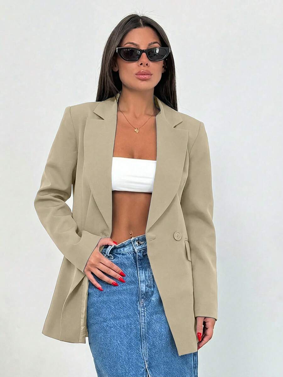 SHEIN Cottnline 女士纯色翻领长袖休闲办公西装外套 - 米色 - 查看 1