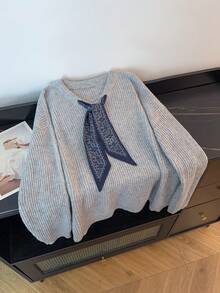 GlowEve CURVE Áo len chui đầu tay dài cổ chữ V tối giản cỡ lớn buộc dây - Xám - Xem 4