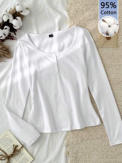 Tseoso 95% Cotton Women's New Arrivals Cotton-Feel Small V-Neck Half-Placket T-Shirt For Spring, & Autumn And Winter, Casual, Cozy Chic, Slim And Versatile, Autumn/Winter, Versatile For Daily Wear, Indoor And Outdoor, Vintage, Soft Girl, Outing Items, Home, Back To School, Fall Women Clothes, Versatile, Old Money, New Money, Gift,,White Shirt