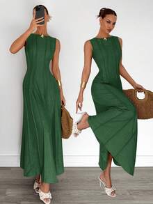 Siren Gaze Women's Army Green Sleeveless Round Neck Maxi Dress With Plicated Woven Fabric Details Casual Flared Long Tank Dress Women Vacation Dress Solid Color Dress Green Maxi Dress Women Ankle Length Dress Summer Holiday Resort - Army Green - View 6