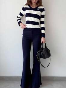 Striped V-Neck Cable Knit Long Sleeve Sweater Women, Ins Korean Style Fitted Pullover Top, Casual Slim Fit Long Pants Set For Autumn/Winter Flared Pants Clothes Two Piece Flared Leggings Preppy Two Piece Set Teen Women 2 Piece Pants Suits Teen Pants Suit 15 Years Old Girls Pants Suit Teen Women 2 Piece Pants Suits Girls Sweater Sets Teen 3 Piece Set Teen Girls Sets Girl Winter Clothes Girl Knit Set Blue And White Striped Sweater Pants And Top Set Wide Leg Pants Set Blue Pants Outfit For Girls Preppy Two Piece Set - Multicolor - View 1