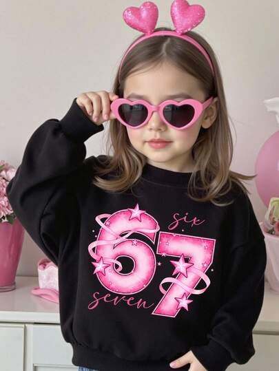 Young Girl Cozy Fall & Winter Styles Casual Fashion Creative Personalized Fresh Minimalist Numeric 67 Pink Star Graphic Letter Slogan Print Comfortable Pullover Sweatshirt, Suitable For Autumn/Winter