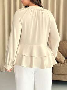 Vionelle Cute Plus Size Apricot Regular Length Blouse Semi-Sheer Notched Neck Tiered Layer Peplum Top With Extra Long Raglan Sleeves - Apricot - View 2