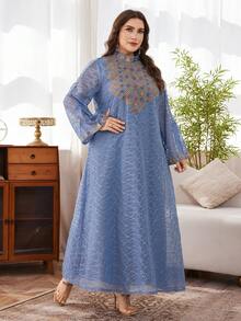 Al Najma Vestido de estilo árabe con bordado de lentejuelas para mujer de talla grande - Neblina azul - Ver 3