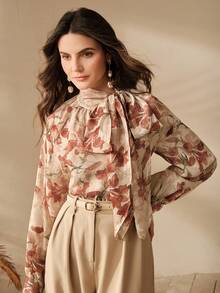 Anewsta 女士复古纹理雪纺印花优雅长袖衬衫，适合春夏音乐节穿着 - 卡其色 - 查看 7