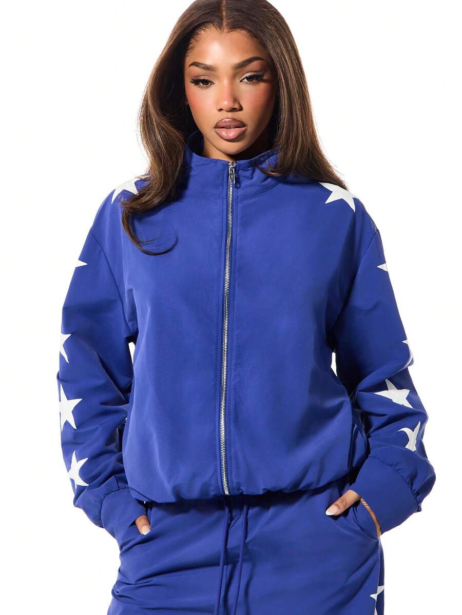 SUMWON WOMEN Zip Through Track Jacket With White Star Print Pattern Long Sleeve Casual Outerwear For Spring Fall Winter - Blue - View 1