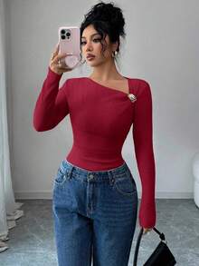 SHEIN Elenzya Burgundy Red Autumn Elegent Women's Solid Fleece Ribbed Oblique Collar Ruched Metal Button Long Sleeve T-Shirt,Slim Fit Casual Top For Dates & Office - Burgundy - View 4