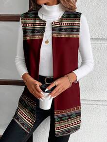 EMERY ROSE Geometric Print Bohemian Style Casual Minimalist Plus Size Women Sleeveless Jacket Spring - Multicolor - View 5