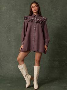 WESTFADE Collared Button Front Frayed Ruffle Loose Fit Cotton Blend Denim Mini Dress - Rust Brown - View 2