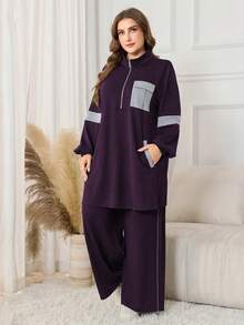 Lacomfia Bộ áo nỉ phối viền Colorblock cỡ lớn và quần ống rộng cho nữ, thoải mái và dễ chịu, phù hợp cho mùa thu/đông, cỡ lớn - Màu tím - Xem 6