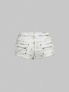 ROMWE Grunge Punk 航海朋克金属铆钉锚图案做旧低腰迷你牛仔短裤 - 白色 - 查看 9