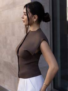 Andrea Bello Women's Solid Color Single-Breasted Cropped Casual Knit Vest, Autumn,Fall,Brown Sweater - Brown - View 6